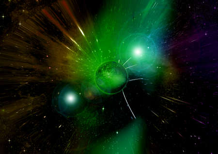 Stars of a planet and galaxy in a free space 3D renderingの写真素材