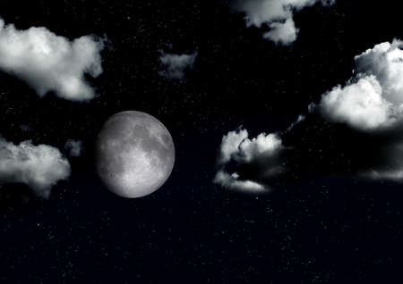 The moon in the night sky in clouds 3D illustrationの写真素材