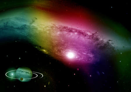 Stars of a planet and galaxy in a free space   3D renderingの写真素材