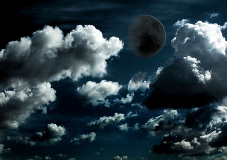 The moon in the night sky in clouds 3D illustrationの写真素材