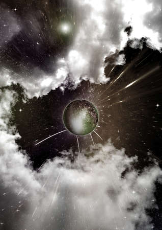 Stars of a planet and galaxy in a free space   3D renderingの写真素材