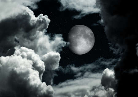 The moon in the night sky in clouds 3D illustrationの写真素材