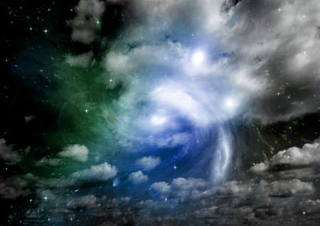 Stars of a planet and galaxy in a free space  3D renderingの写真素材