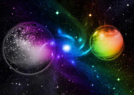 Stars of a planet and galaxy in a free space. 3D renderingの写真素材