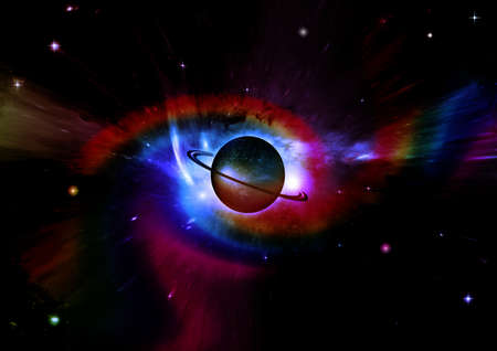 Stars of a planet and galaxy in a free space. 3D renderingの写真素材