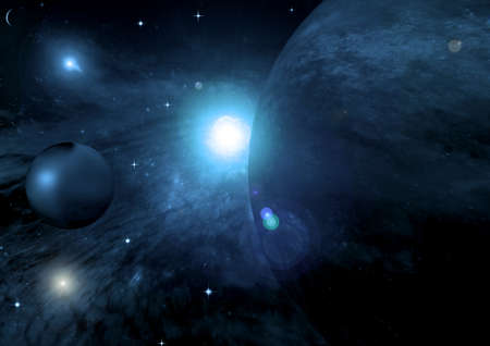 Stars of a planet and galaxy in a free space. 3D renderingの写真素材