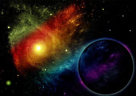 Stars of a planet and galaxy in a free space. 3D renderingの写真素材