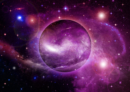 Stars of a planet and galaxy in a free space. 3D renderingの写真素材