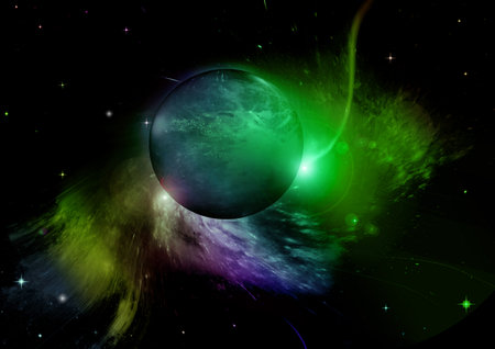 Stars of a planet and galaxy in a free space. 3D renderingの写真素材