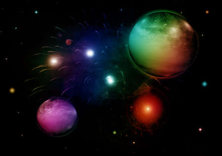 Stars of a planet and galaxy in a free space. 3D renderingの写真素材