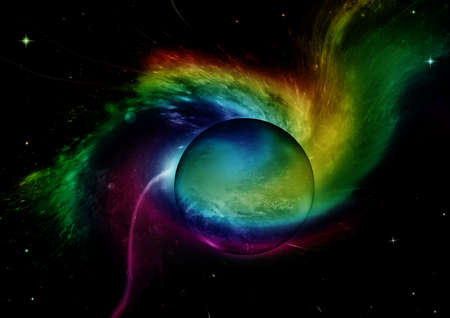 Stars of a planet and galaxy in a free space. 3D renderingの写真素材