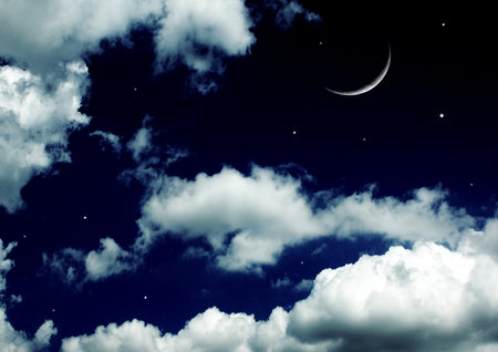 The moon in the night sky in clouds 3D illustrationの写真素材