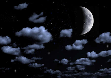 The moon in the night sky in clouds 3D illustrationの写真素材
