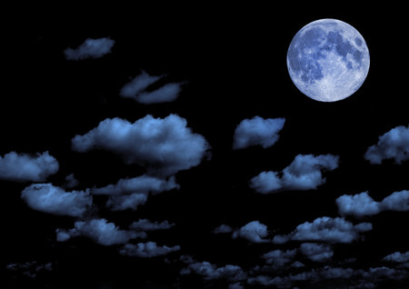 The moon in the night sky in clouds 3D illustrationの写真素材