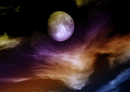 The moon in the night sky in clouds 3D illustrationの写真素材