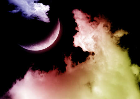 The moon in the night sky in clouds 3D illustrationの写真素材