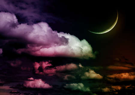 The moon in the night sky in clouds 3D illustrationの写真素材