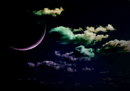 The moon in the night sky in clouds 3D illustrationの写真素材