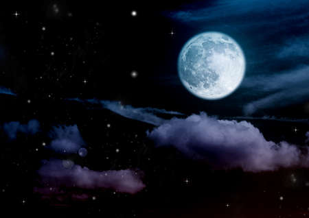 The moon in the night sky in clouds 3D illustrationの写真素材