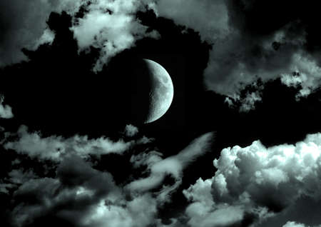 The moon in the night sky in clouds 3D illustrationの写真素材