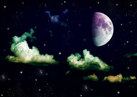 The moon in the night sky in clouds 3D illustrationの写真素材