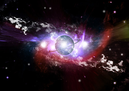 Stars of a planet and galaxy in a free space Elements of this image furnished by . 3D renderingの写真素材