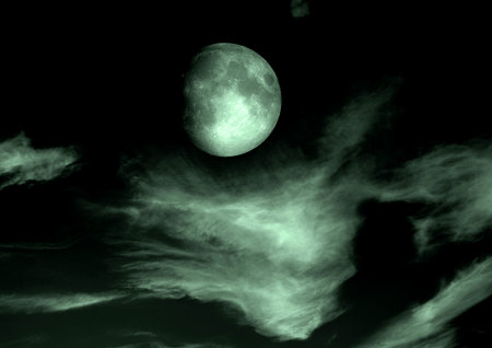 The moon in the night sky in clouds 3D illustrationの写真素材