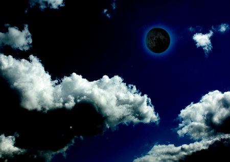 The moon in the night sky in clouds 3D illustrationの写真素材
