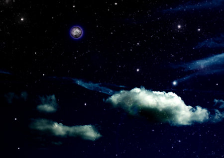 The moon in the night sky in clouds 3D illustrationの写真素材