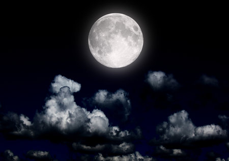 The moon in the night sky in clouds 3D illustrationの写真素材
