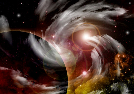 Stars of a planet and galaxy in a free spaceの写真素材