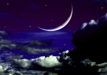 The moon in the night sky in clouds 3D illustrationの写真素材