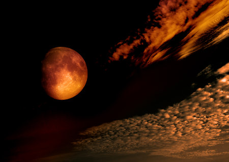The moon in the night sky in clouds 3D illustrationの写真素材
