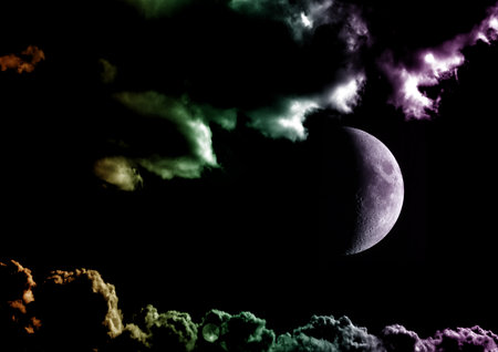 The moon in the night sky in clouds 3D illustrationの写真素材