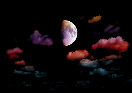 The moon in the night sky in clouds 3D illustrationの写真素材