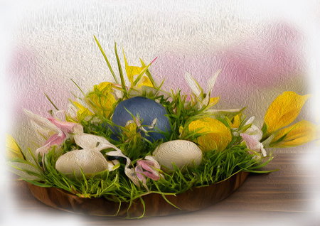 Easter card with painted eggs. flowers and grassの写真素材