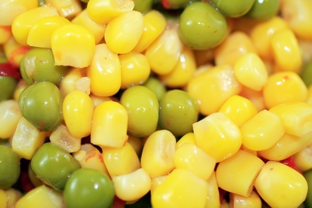 Tinned corn and peas close up, vegetablesの写真素材