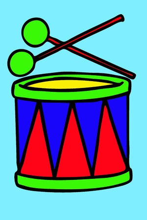 Bright drum with drum-type sticks on a blue backgroundの写真素材