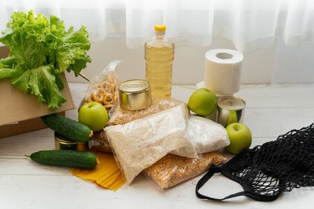 Grocery on wooden tableの写真素材
