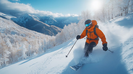 Skier skiing in the mountains on a sunny winter day. The concept of extreme sports and healthy lifestyle.の素材