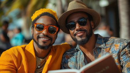 Portrait of two African American men in sunglasses reading book together.の素材