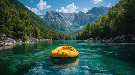 Inflatable yellow inflatable boat floating on turquoise mountain lakeの素材