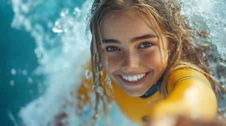 Close-up portrait of a smiling girl in yellow life jacket and yellow life jacket standing in the pool and looking at cameraの素材