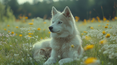 Siberian husky puppy and cat together in the meadowの素材