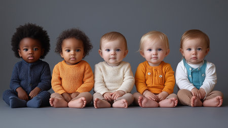 Group of multiethnic baby boys and girls sitting on gray backgroundの素材
