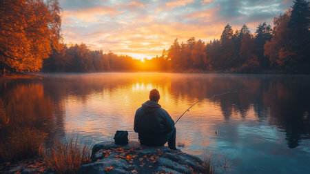 Fisherman sitting on the bank of the lake at sunset.の素材