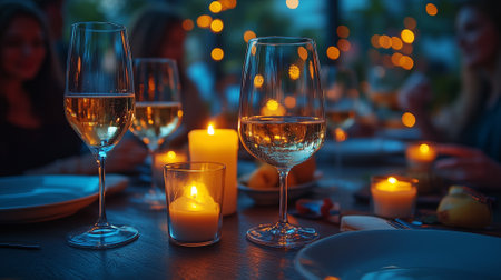 Table served for dinner in restaurant. Selective focus on wine glassesの素材