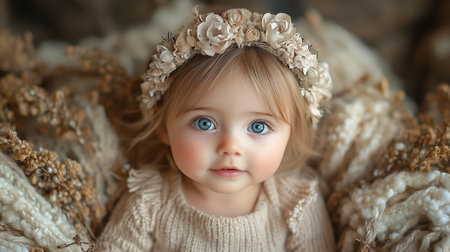 Portrait of a cute little girl with blue eyes in a wreath of flowersの素材
