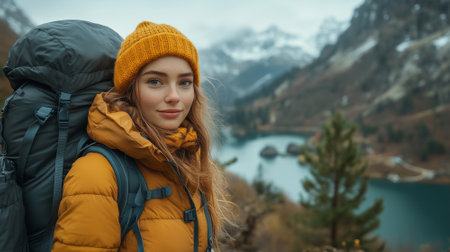 Portrait of a young woman in a yellow jacket and a hat with a backpack on the background of a mountain lake.の素材