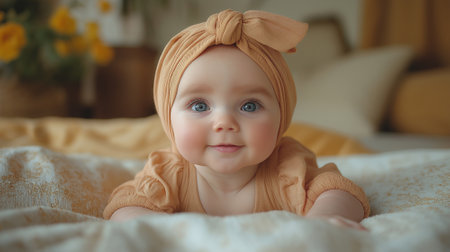 Portrait of a cute little girl with blue eyes lying on the bedの素材